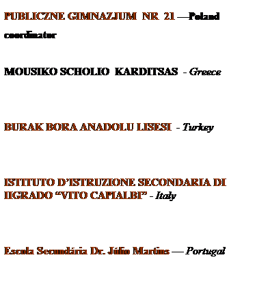 Pole tekstowe: PUBLICZNE GIMNAZJUM&nbsp; NR&nbsp; 21 �Poland 
coordinator&nbsp;
&nbsp;
MOUSIKO SCHOLIO&nbsp; KARDITSAS&nbsp; - Greece
&nbsp;
&nbsp;
BURAK BORA ANADOLU LISESI&nbsp; - Turkey
&nbsp;
&nbsp;
ISTITUTO D�ISTRUZIONE SECONDARIA DI IIGRADO �VITO CAPIALBI� - Italy
&nbsp;
&nbsp;
Escola Secund�ria Dr. J�lio Martins � Portugal
&nbsp;
&nbsp;
&nbsp;
&nbsp;
&nbsp;

